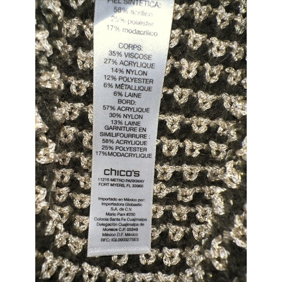 Chico’s Green Gold Shawl One Size OS Net Pullover Crochet Knit Shimmer Faux Fur - Picture 9 of 16